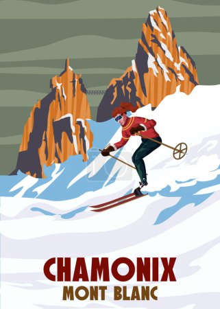 Illustration for Travel poster Ski Chamonix resort vintage. France winter landscape travel view, skier woman on the snow mountain, retro. Vector illustration - Royalty Free Image