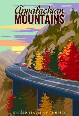 Illustration for Appalachian Mountains travel vintage poster, autumn road, car, mountains, highway. Retro illustration, fall seasone vector - Royalty Free Image