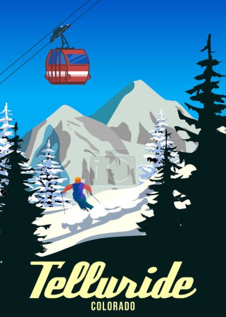 Ilustración de Cartel de viaje Ski Telluride resort vntage. América paisaje de invierno vista de viaje, esquiador en la montaña de nieve, telesilla cabina retro. Ilustración vectorial - Imagen libre de derechos