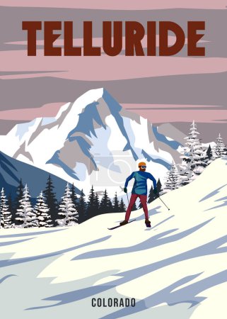 Ilustración de Travel poster Ski Telluride resort vntage. America winter landscape travel view, skier on the snow mountain, retro. Vector illustration - Imagen libre de derechos