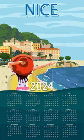 Illustration for Calendar 2024 Nice French Riviera coast wall poster vintage. Woman on vacation, resort, coast, sea, beach. Retro style illustration vector isolated - Royalty Free Image