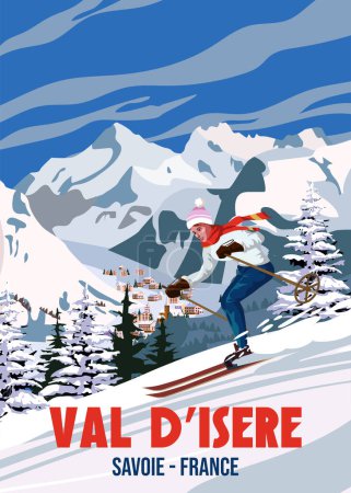 Ilustración de Cartel de viaje Ski Val dIsere resort vintage. Francia paisaje de invierno vista de viaje, esquiadora mujer en la montaña de nieve, retro. Ilustración vectorial - Imagen libre de derechos