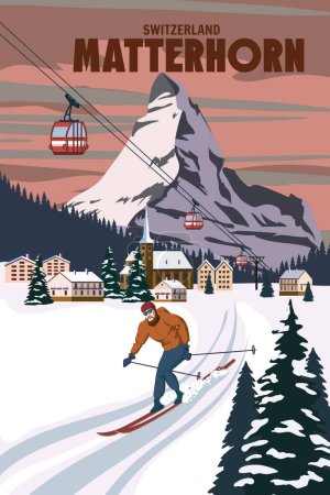 Téléchargez les illustrations : Matterhorn Affiche station de ski, rétro. Carte de voyage Alpes Hiver, skieur descendant la pente, vue sur le village de montagne millésime. Illustration vectorielle - en licence libre de droit