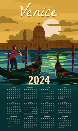 Téléchargez les illustrations : Calendrier 2024 Venise Italie Affiche style rétro. Grand Canal, gondolier, architecture, carte vintage. Carte postale vectorielle isolée - en licence libre de droit