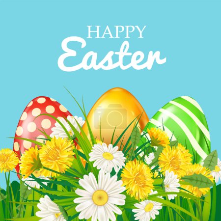 Illustration for Easter eggs colored, green grass daisy and dandelion flowers, background vector illustration - Royalty Free Image