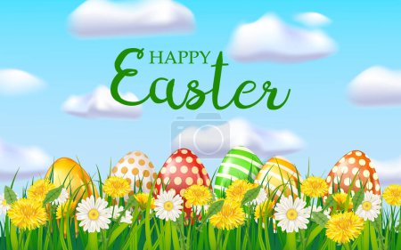Illustration for Happy easter eggs colored, green grass daisy and dandelion flowers, blue sky cloud, background, vector illustration banner - Royalty Free Image