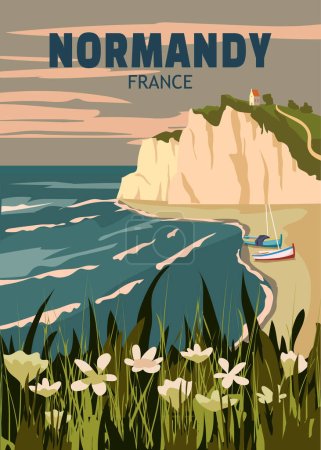 Cartel de viaje Normandía Francia, paisaje de costa de acantilado de roca de paisaje marino vintage. Tarjeta retro, ilustración, vector, postal