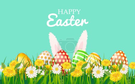 Illustration for Happy easter eggs colored, bunny ears, green grass daisy and dandelion flowers, blue sky cloud, background, vector illustration banner - Royalty Free Image