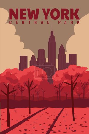 Téléchargez les illustrations : Affiche de New York Central Park. Carte postale voyage vintage, automne. Illustration vectorielle rétro - en licence libre de droit