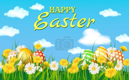 Illustration for Happy easter eggs colored, green grass daisy and dandelion flowers, background, vector illustration banner - Royalty Free Image