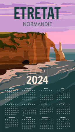 Calendar 2024 Vintage Travel poster Etretat France, seascape rock cliff seashore landscape. Normandy retro card, illustration, vector, postcard
