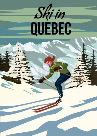 Cartel de viaje Vintage Estación de esquí Quebec. Canadá paisaje de invierno vista de viaje, esquiadora mujer en la montaña de nieve, retro. Ilustración vectorial