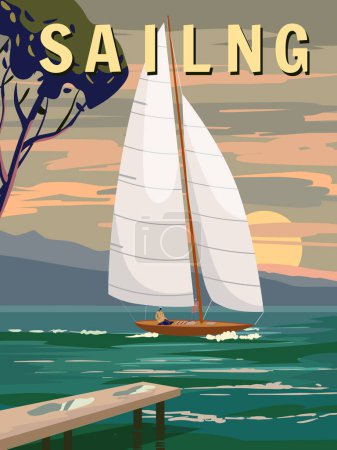 Sailboat poster retro, sailing yacht on the ocean, sea, coast, palms. Tropical cruise, summertime travel vacation. Vector illustration vintage style