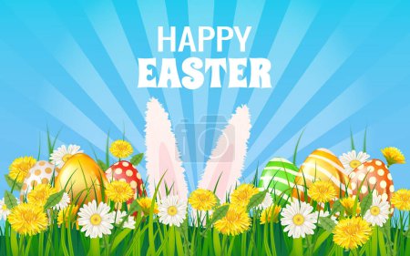 Illustration for Happy easter eggs colored, bunny ears, green grass daisy and dandelion flowers, blue sky cloud, background, vector illustration banner - Royalty Free Image