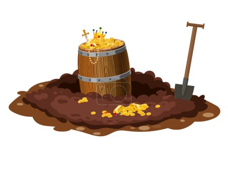 Illustration for Treasure barrel full of treasures, gold coins, Digging Hole in the ground, burrow ground works digging, shovel. Grave and excavation. Pile dirt. Vector illustration cartoon style - Royalty Free Image