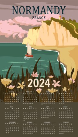 Calendar 2024 Normandie France Travel wall poster, vintage sailboat seascape rock cliff seashore landscape. Etretat retro card, illustration, vector, postcard