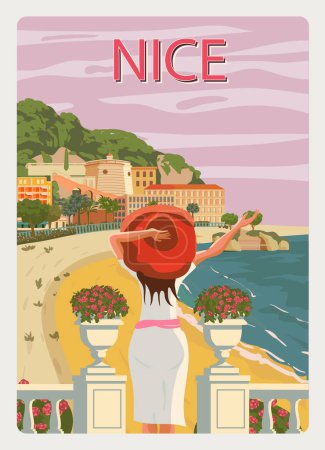 Illustration for Nice French Riviera coast poster vintage. Woman on vacation, resort, coast, sea, beach. Retro style illustration vector isolated - Royalty Free Image