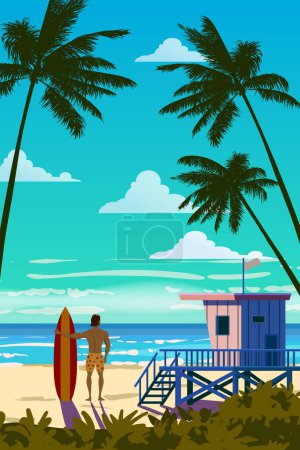 Tropical Beach Retro Poster, Surfer mit Surfbrett. Rettungsschwimmerhaus am Strand, Palme, Küste, Brandung, Meer. Vektor Illustration Vintage-Stil isoliert