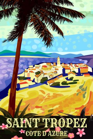 Cartel de viaje Saint Tropez Costa Azul vintage. Resort, Costa Azul de l 'Azur costa, mar, playa. Vector de ilustración de estilo retro aislado