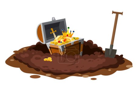 Illustration for Treasure chest full of treasures, gold coins, Digging Hole in the ground, burrow ground works digging, shovel. Grave and excavation. Pile dirt. Vector illustration cartoon style - Royalty Free Image