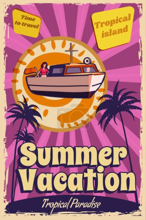 Vacances d'été affiche rétro, hors-bord sur l'océan, île, côte, palmiers. Yacht croisière exotique tropicale, vacances de voyage d'été. Illustration vectorielle vintage