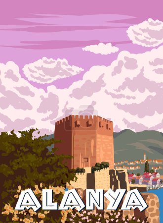 Illustration for Retro Poster Alanya landmark, Turkey resort, Kizil Kule Red Tower, skyline. Vintage touristic travel postcard, placard, vector illustration isolated - Royalty Free Image