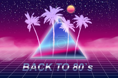 Retour aux années 80 bannière rétro vaporwave fond esthétique Synthwave. Palmiers silhouette triangle grille 3d, coucher de soleil rétroonde. Illustration vectorielle futuriste