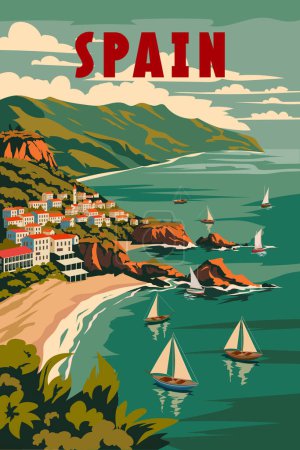 España cartel de viaje, vista a la bahía del complejo tropical, montaña, mar, vendimia. Verano vacaciones tarjeta retro vector ilustración