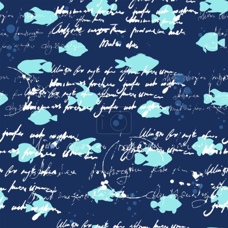Seamless pattern Tropical fishes silhouette style, unreadable text, handwritten text. Marine underwater characters vector illustration, fabric, paper print, background, textile