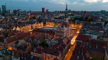 aerial view of the historical center of the city of poznan in poland in the spring at sunset