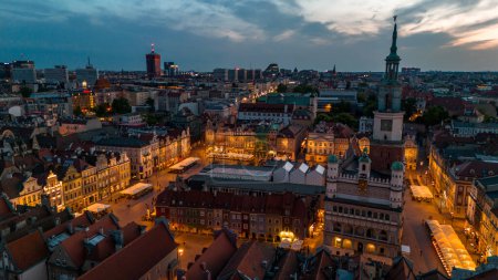 aerial view of the historical center of the city of poznan in poland in the spring at sunset