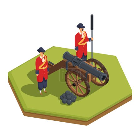 Ilustración de Isometric old soldiers with cannon, vector illustration - Imagen libre de derechos