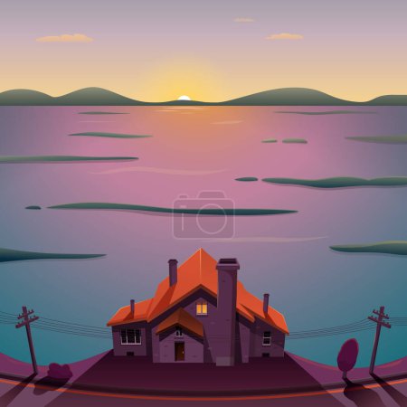 Téléchargez les photos : Vieux. maison sur le bord d'un immense lac au coucher du soleil, illustration vectorielle - en image libre de droit
