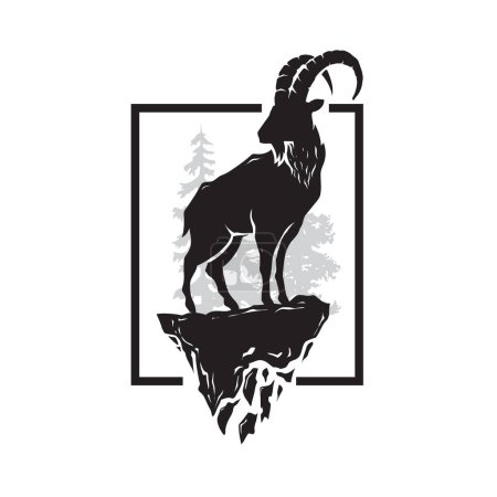 Ilustración de Silueta de ibex alpino y bosque en fondo cuadrado ilustración vectorial - Imagen libre de derechos