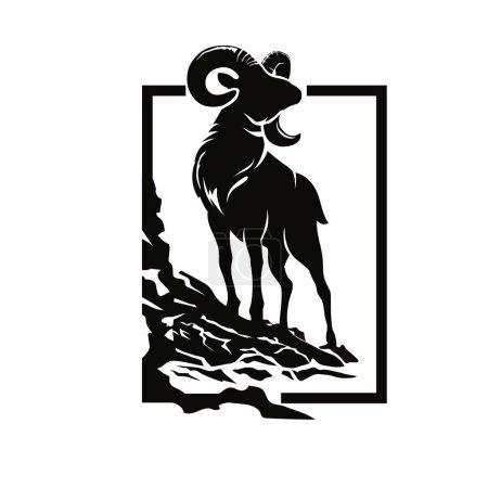 Illustration for Argali mountain sheep silhouette with rock and square background illustration - Royalty Free Image