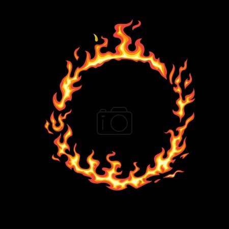 Feuerring isoliert auf schwarzem Hintergrund. Vector Cartoon Flammenrahmen. Einfache flache Illustration. Feuriger Kreis.