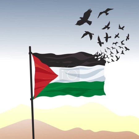 Photo for Waving Palestine Flag with bird freedom fly , Palestine flag for independence day. - Royalty Free Image
