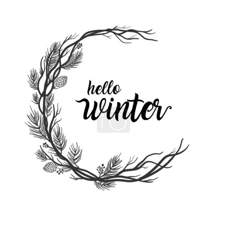 Photo for Minimal christmas tree branches and cherry circle frame vector template, Hello winter Text - Royalty Free Image