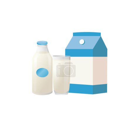 Téléchargez les illustrations : Paquet de lait, verre et bouteille de style plat icône du lait. Isolé sur fond blanc Illustration vectorielle - en licence libre de droit