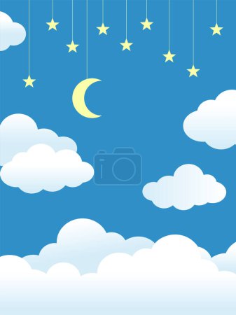 Photo for Night Sky Clouds Stars Moon on String. Blue background with clouds. Place for your text. - Royalty Free Image