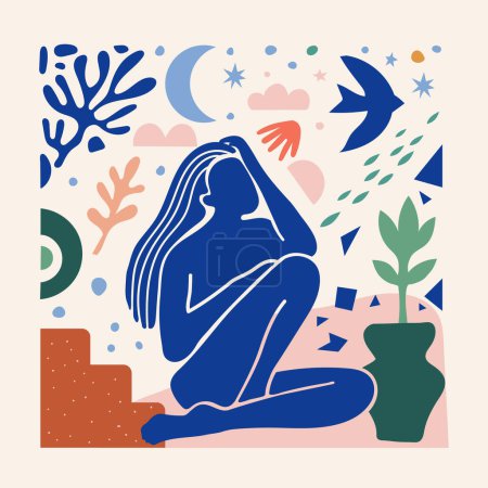 Téléchargez les illustrations : Matisse Inspiré Art abstrait avec figure féminine et formes organiques dans un style minimaliste à la mode. Collecte vectorielle Contexte du corps féminin, des oiseaux et des éléments botaniques en papier découpé - en licence libre de droit