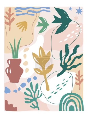 Photo for Abstract organic shapes inspired by matisse. Plants, bird, cactus, leaf, algae, vase in paper cut collage style. Contemporary aesthetic vector element for logo, decoration, print, cover, wallpaper. - Royalty Free Image