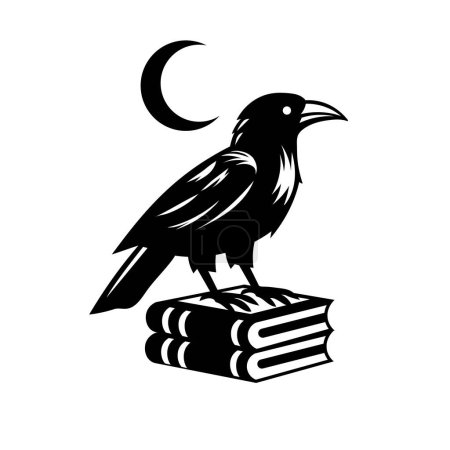 Illustration for A crow standing on a book with a moon in the background vector illustration - Royalty Free Image