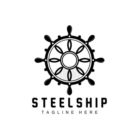 Schiffssteuerung Logo, Ocean Icons Schiffssteuerung Vektor mit Meereswellen, Segelboot-Anker und Seil, Company Brand Sailing Design