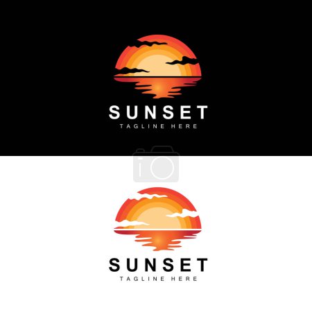 Illustration for Sunset Beach Logo Design, Seascape Illustration, Red Day Vacation Spot Vector - Royalty Free Image