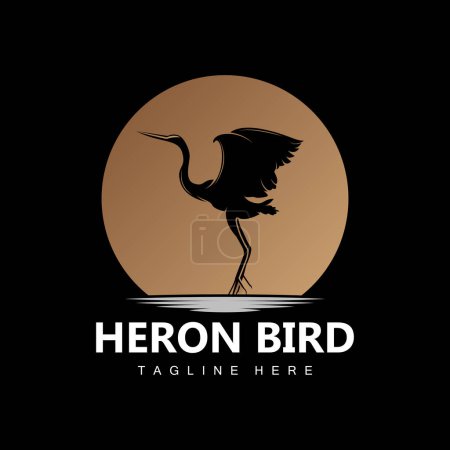 Vogel Reiher Storch Logo Design, Vögel Reiher fliegen auf dem Fluss Vektor, Produktmarke Illustration