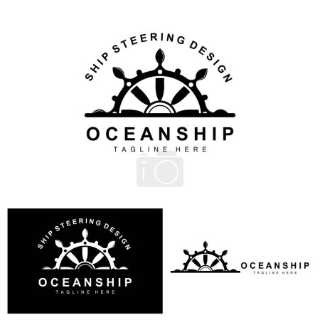 Illustration for Ship Steering Logo, Ocean Icons Ship Steering Vector With Ocean Waves, Sailboat Anchor And Rope, Company Brand Sailing Design - Royalty Free Image