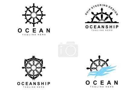 Illustration for Ship Steering Logo, Ocean Icons Ship Steering Vector With Ocean Waves, Sailboat Anchor And Rope, Company Brand Sailing Design - Royalty Free Image