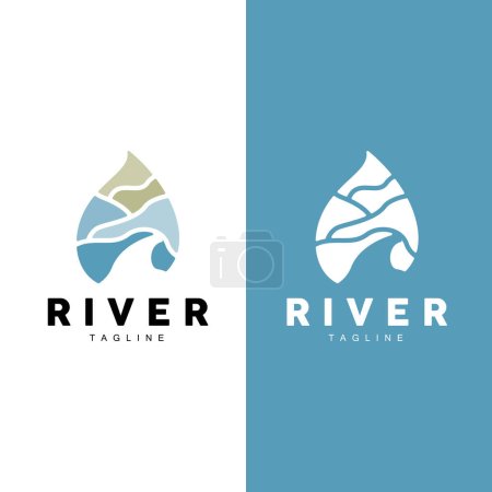 Fluss-Logo, Streamer Vector, Flussufer, Berge und Bauernhof-Design, Illustration Symbol-Ikone