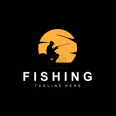 pêche logo icône vecteur, attraper des poissons sur le bateau, design silhouette coucher de soleil en plein air